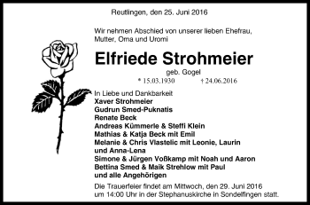 Anzeige von Elfriede Strohmeier von Reutlinger Generalanzeiger
