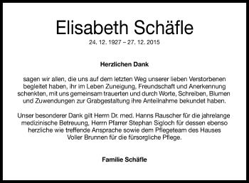 Anzeige von Elisabeth Schäfle von Reutlinger Generalanzeiger