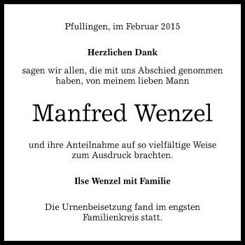 Anzeige von Manfred Wenzel von Reutlinger Generalanzeiger