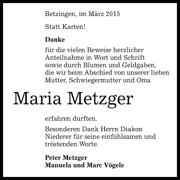 Anzeige von Maria Metzger von Reutlinger Generalanzeiger
