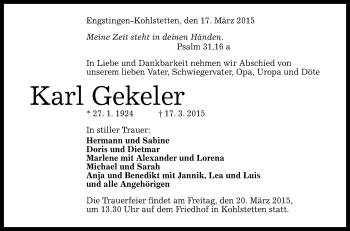 Anzeige von Karl Gekeler von Reutlinger Generalanzeiger