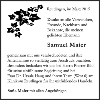 Anzeige von Samuel Maier von Reutlinger Generalanzeiger