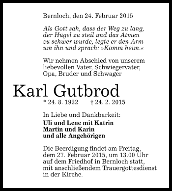 Anzeige von Karl Gutbrod von Reutlinger Generalanzeiger