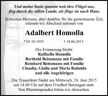 Anzeige von Adalbert Homolla von Reutlinger Generalanzeiger