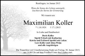 Anzeige von Maximilian Koller von Reutlinger Generalanzeiger