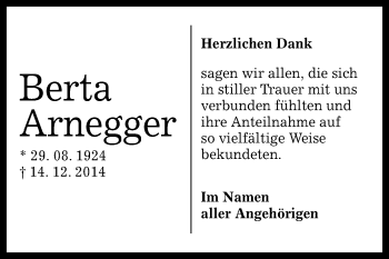 Anzeige von Berta Arnegger von Reutlinger Generalanzeiger