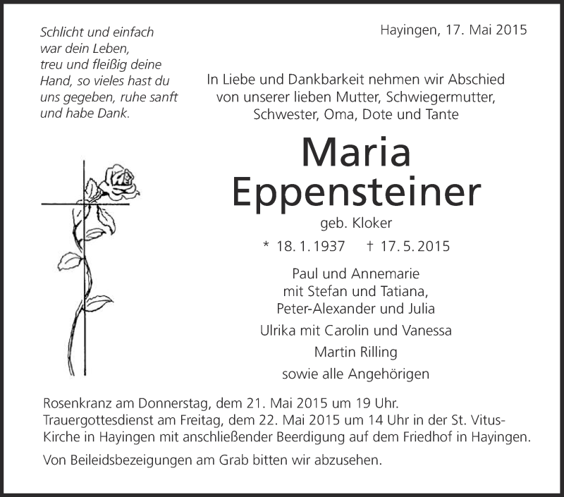  Traueranzeige für Maria Eppensteiner vom 20.05.2015 aus Reutlinger Generalanzeiger