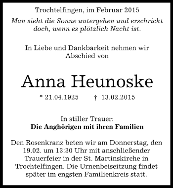 Anzeige von Anna Heunoske von Reutlinger Generalanzeiger