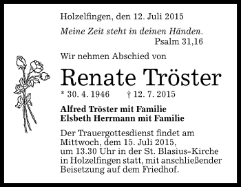 Anzeige von Renate Tröster von Reutlinger Generalanzeiger