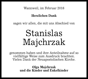 Anzeige von Stanislas Majchrzak von Reutlinger Generalanzeiger