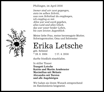 Anzeige von Erika Letsche von Reutlinger Generalanzeiger