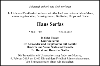Anzeige von Hans Serfas von Reutlinger Generalanzeiger