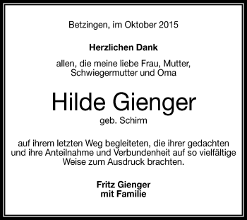 Anzeige von Hilde Gienger von Reutlinger Generalanzeiger