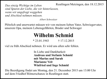 Anzeige von Wilhelm Schmid von Reutlinger Generalanzeiger