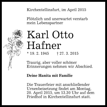 Anzeige von Karl Otto Hafner von Reutlinger Generalanzeiger