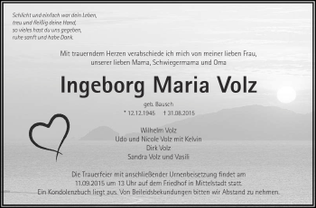 Anzeige von Ingeborg Maria Volz von Reutlinger Generalanzeiger