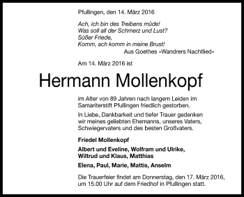 Anzeige von Hermann Mollenkopf von Reutlinger Generalanzeiger