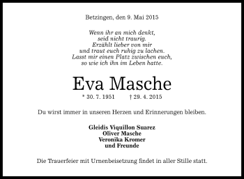 Anzeige von Eva Masche von Reutlinger Generalanzeiger