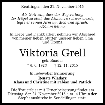 Anzeige von Viktoria Grell von Reutlinger Generalanzeiger
