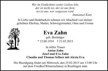 Anzeige von Eva Zahn von Reutlinger Generalanzeiger
