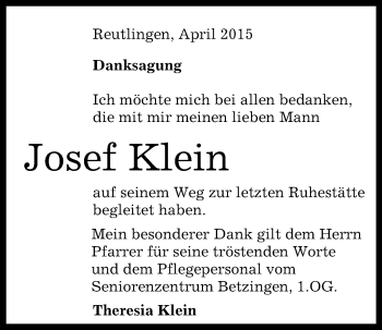 Anzeige von Josef Klein von Reutlinger Generalanzeiger