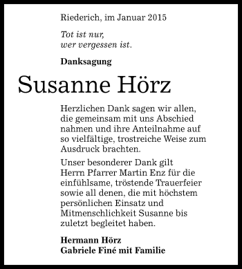 Anzeige von Susanne Hörz von Reutlinger Generalanzeiger