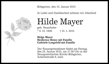Anzeige von Hilde Mayer von Reutlinger Generalanzeiger