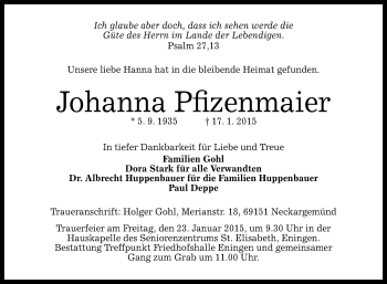 Anzeige von Johanna Pfizenmaier von Reutlinger Generalanzeiger