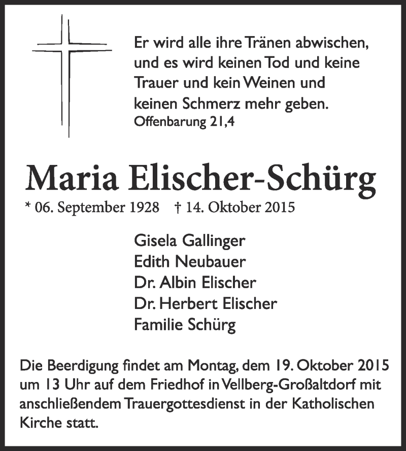 Traueranzeige für Maria Elischer-Schürg vom 16.10.2015 aus Reutlinger Generalanzeiger