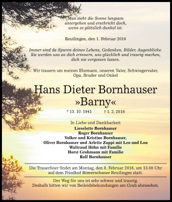 Anzeige von Hans Dieter Bornhauser von Reutlinger Generalanzeiger