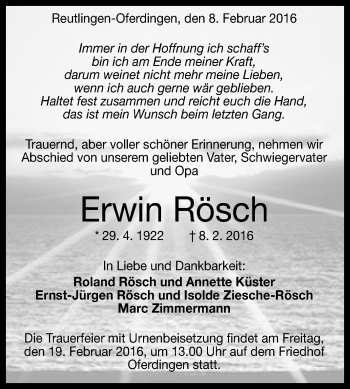 Anzeige von Erwin Rösch von Reutlinger Generalanzeiger