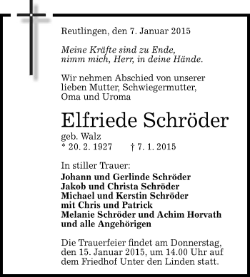 Anzeige von Elfriede Schröder von Reutlinger Generalanzeiger