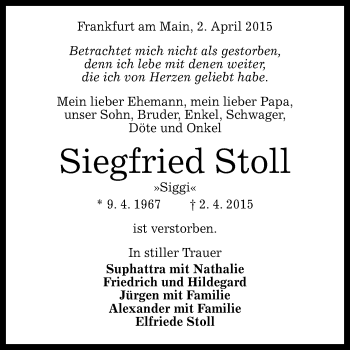 Anzeige von Siegfried Stoll von Reutlinger Generalanzeiger