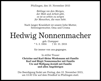 Anzeige von Hedwig Nonnenmacher von Reutlinger Generalanzeiger