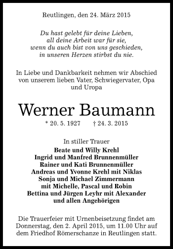 Anzeige von Werner Baumann von Reutlinger Generalanzeiger