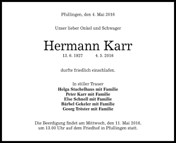 Anzeige von Hermann Karr von Reutlinger Generalanzeiger
