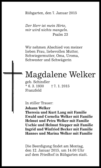 Anzeige von Magdalene Welker von Reutlinger Generalanzeiger