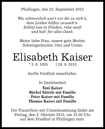 Anzeige von Elisabeth Kaiser von Reutlinger Generalanzeiger