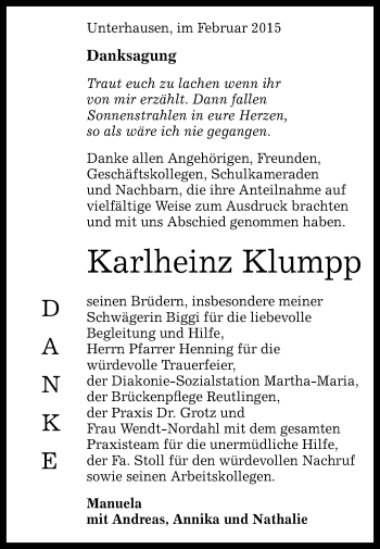 Anzeige von Karlheinz Klumpp von Reutlinger Generalanzeiger