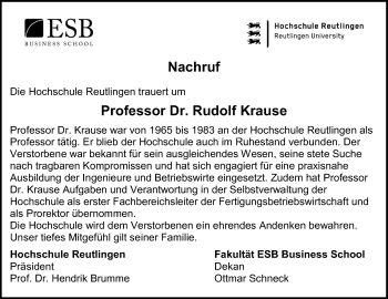 Anzeige von Rudolf Krause von Reutlinger Generalanzeiger
