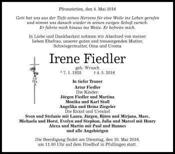 Anzeige von Irene Fiedler von Reutlinger Generalanzeiger