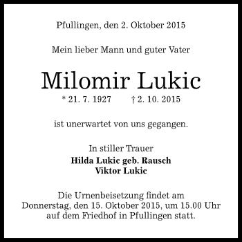 Anzeige von Milomir Lukic von Reutlinger Generalanzeiger