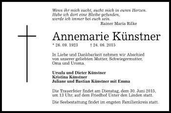 Anzeige von Annemarie Künstner von Reutlinger Generalanzeiger