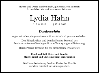 Anzeige von Lydia Hahn von Reutlinger Generalanzeiger