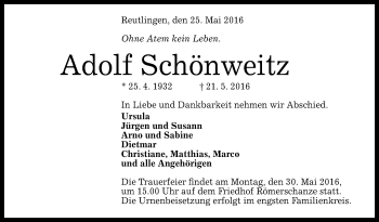 Anzeige von Adolf Schönweitz von Reutlinger Generalanzeiger