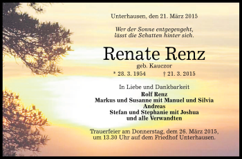 Anzeige von Renate Renz von Reutlinger Generalanzeiger