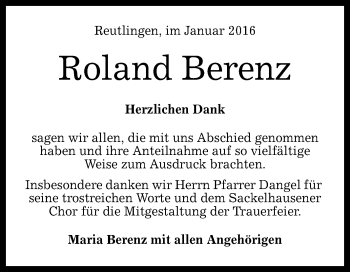 Anzeige von Roland Berenz von Reutlinger Generalanzeiger