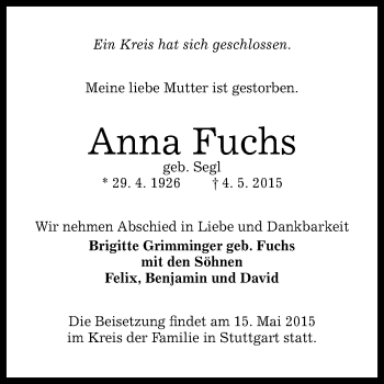 Anzeige von Anna Fuchs von Reutlinger Generalanzeiger