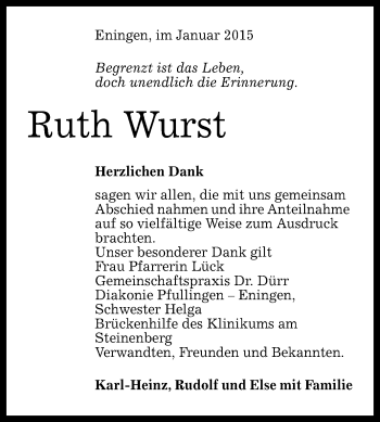 Anzeige von Ruth Wurst von Reutlinger Generalanzeiger