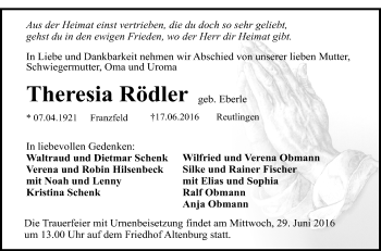 Anzeige von Theresia Rödler von Reutlinger Generalanzeiger